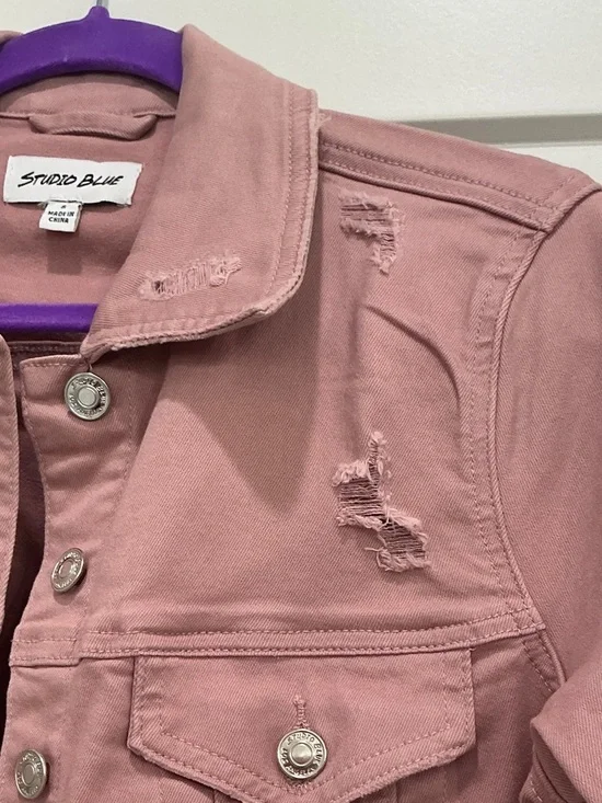 Studio Blue Pink Distressed Denim Jacket - Women - Picture 4 of 5